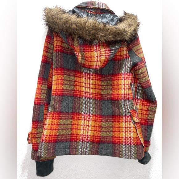 Adorable plaid double breasted, fur hood, wool blend coat. - Picture 2 of 3